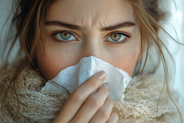 A close-up portrait of a woman with a cold, expressing vulnerability and sadness. Ideal for health blogs, wellness campaigns, or winter flu awareness promotions.
