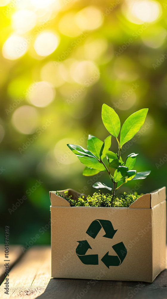 Poster blurred natural background with a recycling symbol printed on a cardboard box and a small plant grow