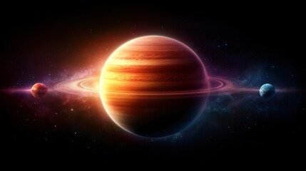 Saturn with Rings and Moons in Space