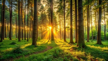 Obraz premium High-resolution image of a serene forest scene at sunset, with tall trees, lush greenery, and warm golden light filtering through the leaves, tree, forest, nature, earthy tones, rural landscape