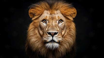Fototapeta premium A majestic lion with a thick mane stares directly at the camera against a black background.