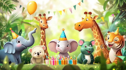 Naklejka premium animal zoo concept celebration birthday background bright colors gifts, cake, balloons, confetti with birthday candles