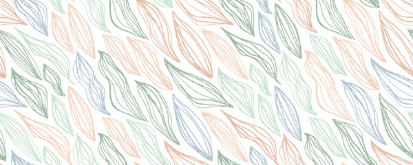 Aesthetic botanical seamless pattern with crayon drawn leaves. Pencil drawn naive wavy outline plants background. Vector banana leaves line art with crayon texture thin lines. Pastel colored backdrop.