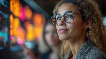 A businesswoman wearing glasses looks intently at a large screen with colorful data visualizations, with a blurred colleague in the background.