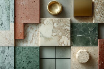interior design material sample moodboard with luxury surfaces textures and colors in peach, grey, white, and pink
