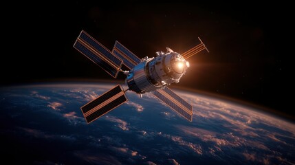 Obraz premium Spacecraft Orbiting Earth with Solar Panels