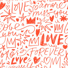 Funky romantic seamless pattern with red love words, hearts, crowns and squiggles. Hand drawn doodle background. Crayon drawn cute calligraphy with doodle kid's drawings. Wrapping paper design.