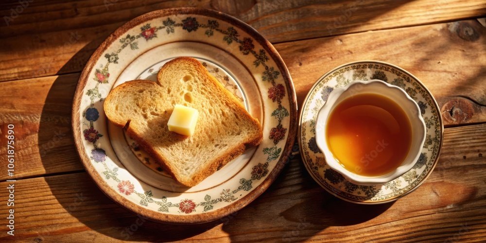 Poster a simple yet comforting breakfast of buttered toast and tea, served on patterned plates, bathed in t