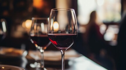 On a table in a restaurant, there are two glasses of red wine