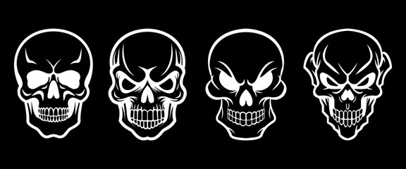 Set of Skulls isolated on black.Halloween elements. Vector illustration.