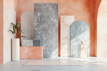 interior design material sample moodboard with luxury surfaces textures and colors in peach, grey, white, and pink