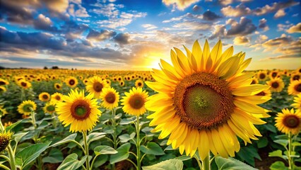 Fototapeta premium Majestic sunflower field with towering stalks and bright yellow blooms, wildflowers, cheerful scene
