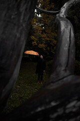 A European man in a black coat and an umbrella walks in the park at dusk in autumn