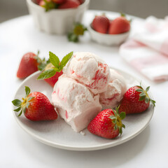 Homemade Strawberry ice cream and fresh strawberries flat lay on white background.