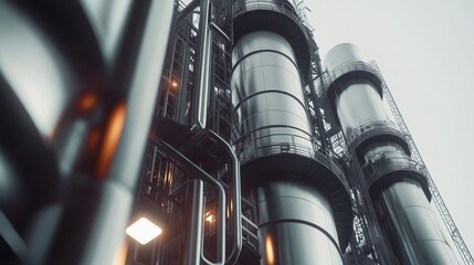 Industrial structures with metallic pipes and towers in a factory.