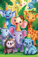 Fototapeta premium animal zoo concept celebration birthday background bright colors gifts, cake, balloons, confetti with birthday candles