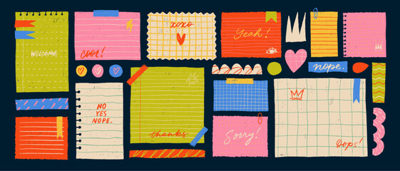 Torn notebook papers with crayon drawn doodles collection. Hand drawn colorful funky sticker notes.