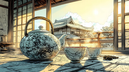 A teapot and two cups of tea sit on a wooden table in front of a window overlooking a traditional Japanese garden.