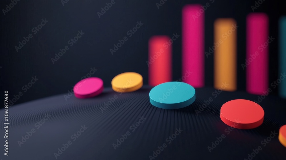 Poster a vibrant, abstract composition featuring colorful circular shapes and vertical bars, creating a dyn