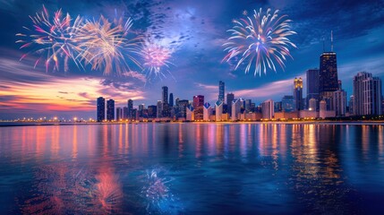 Fototapeta premium Beautiful Colorful Fireworks Celebration Over the Chicago River