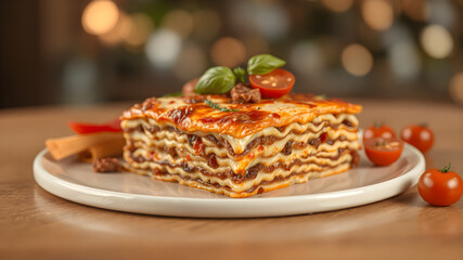 A close-up view of a freshly baked lasagna dish.on bokeh background.