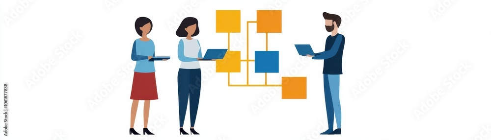Poster a digital illustration depicting three professionals collaborating on a project, with flowcharts and
