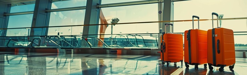 At the airport, two yellow suitcases are placed on the floor