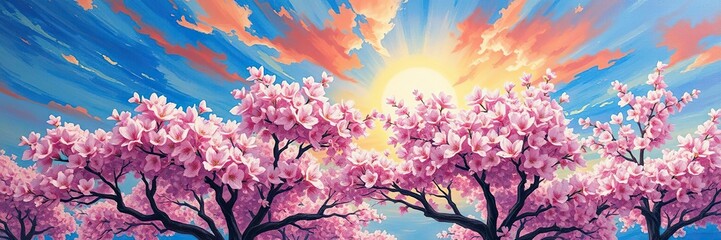 Oil painting of cherry blossom trees under a vibrant spring sky, pink, oil, blossom
