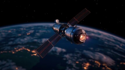 Fototapeta premium Spacecraft Orbiting Earth with Solar Panels