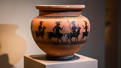 Ancient Greek pottery vase with black figures of riders on horses, displayed on a pedestal.