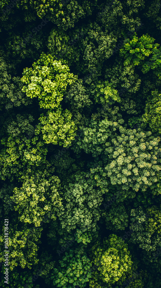 Poster capturing lush green forest canopy from above, showcasing intricate patterns of leaves and branches,