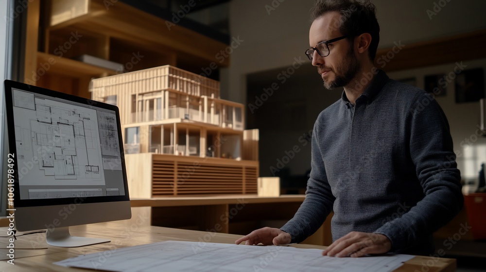 Poster an architect reviewing blueprints at his desk with a model home in the background.
