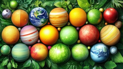 Fototapeta premium Planets as Fruits in a Green Garden
