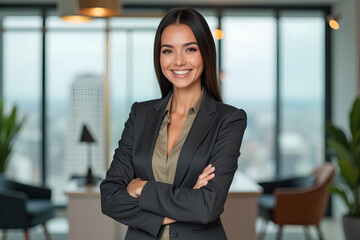 Smiling confident young businesswoman looking at camera standing in office. Elegant stylish corporate leader successful ceo executive manager.
