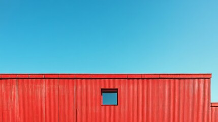 Building with red facade against blue sky background 