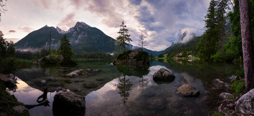 Panorama of Hintersee in Berchtesgadener Zauberwald in summer evening