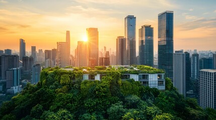 Modern skyscrapers with a lush green rooftop foreground under a sunrise, symbolizing sustainable architecture and urban eco-friendly design.