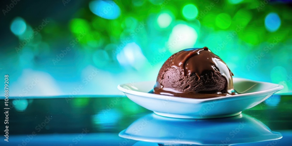 Aufkleber a single scoop of chocolate ice cream covered in rich chocolate sauce sits on a white saucer against