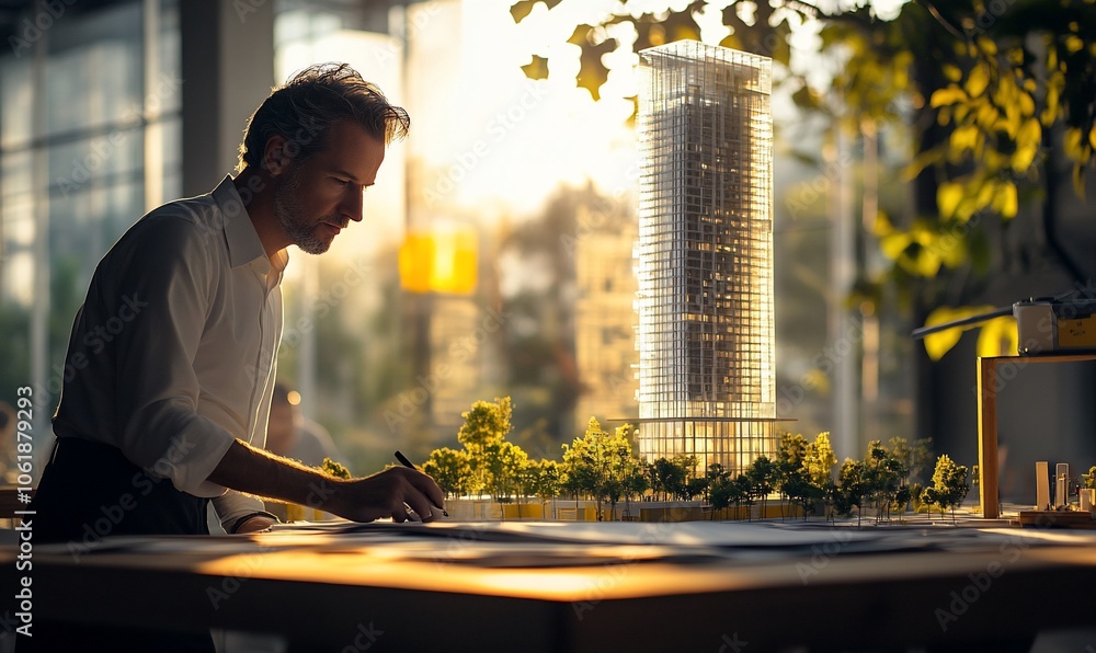 Poster An architect working on a scale model of a building with trees around it, in a modern office.