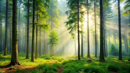 Peaceful forest landscape with tall trees and a misty atmosphere, earthy tones, natural, serene, trees, mist