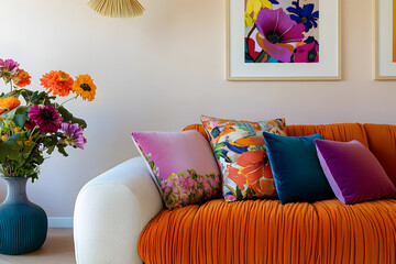 Stylish sofa setup with bold cushions and fresh flowers, creating a cheerful and inviting atmosphere. Mock up poster frame.