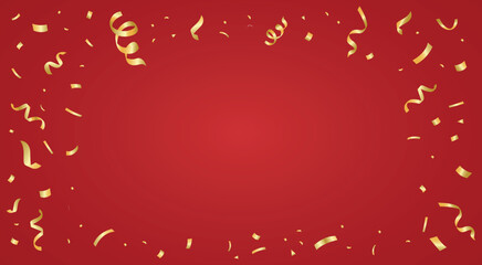 Celebration red background with falling gold confetti.