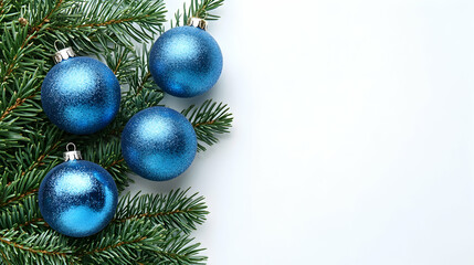 Obraz premium Blue Christmas Ornaments on Fir Branches, christmas baubles, christmas decorations, christmas tree, fir needles, winter holidays