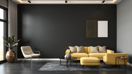 black living room with sofa, chairs, standing lamp, small table, yellow details and pattern decorations in black and white