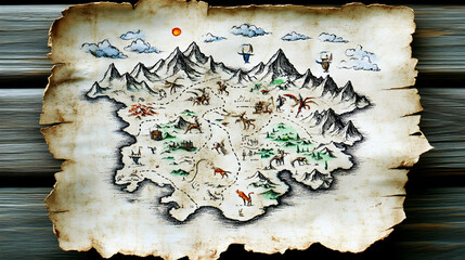 Hand-drawn vintage treasure map with mountains, trees, and animals.
