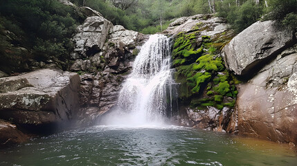 Naklejka premium Majestic waterfall cascading over moss-covered rocks into a tranquil pool.