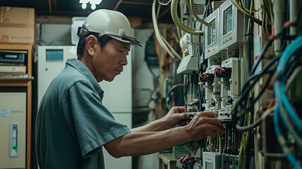 Asian technician focused on adjusting electrical equipment in facility. Dedicated technician managing complex wiring and controls.