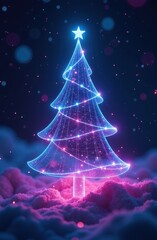 A glowing digital wireframe figure of a Christmas tree on a dark background. The wireframe lines radiate a vibrant mix of blue and pink hues.