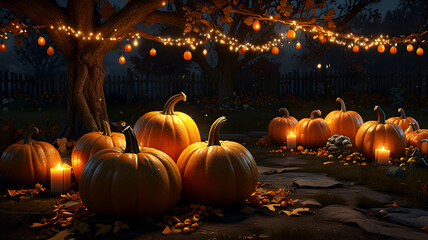 Fototapeta premium Halloween pumpkin patch with lights hanging from a tree and candles around it