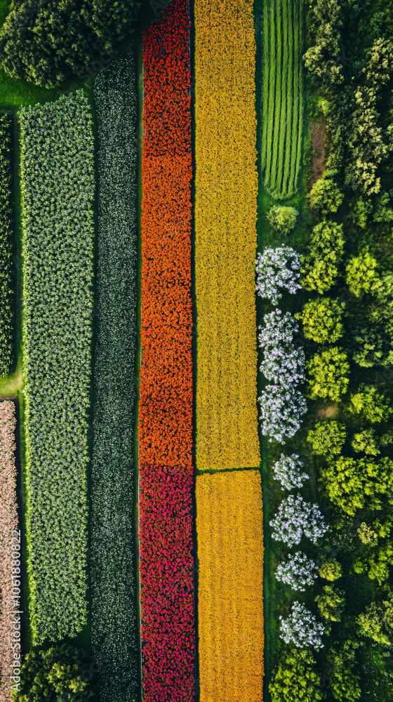 Aufkleber Aerial view of a field of colorful flowers forming a pattern with a line of trees
